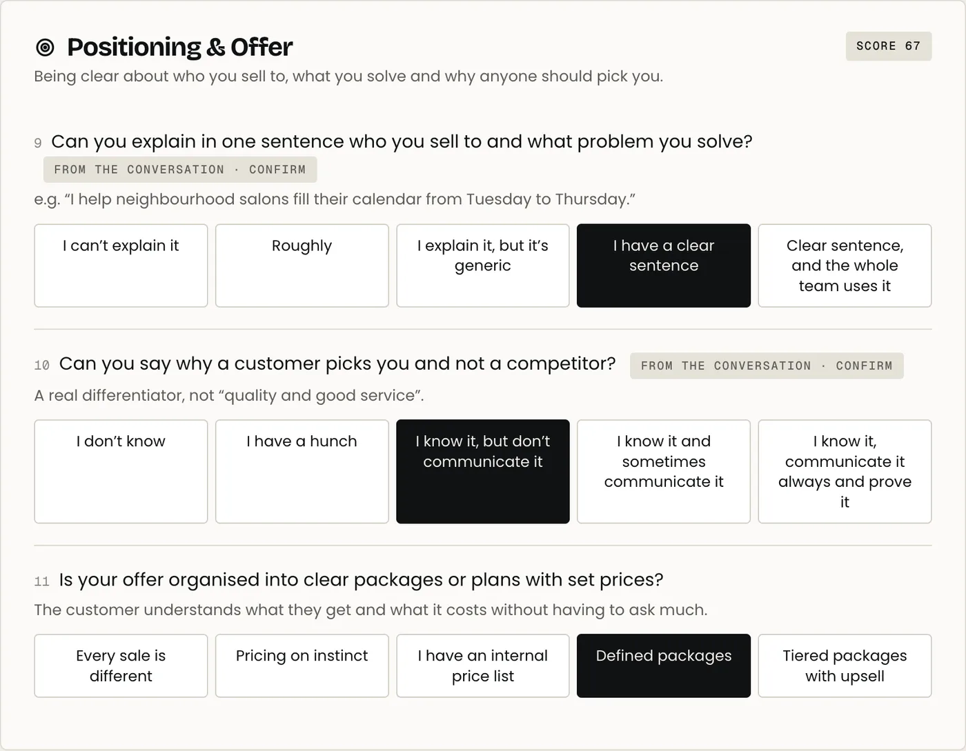 Assessment screen with the questions and the score per pillar