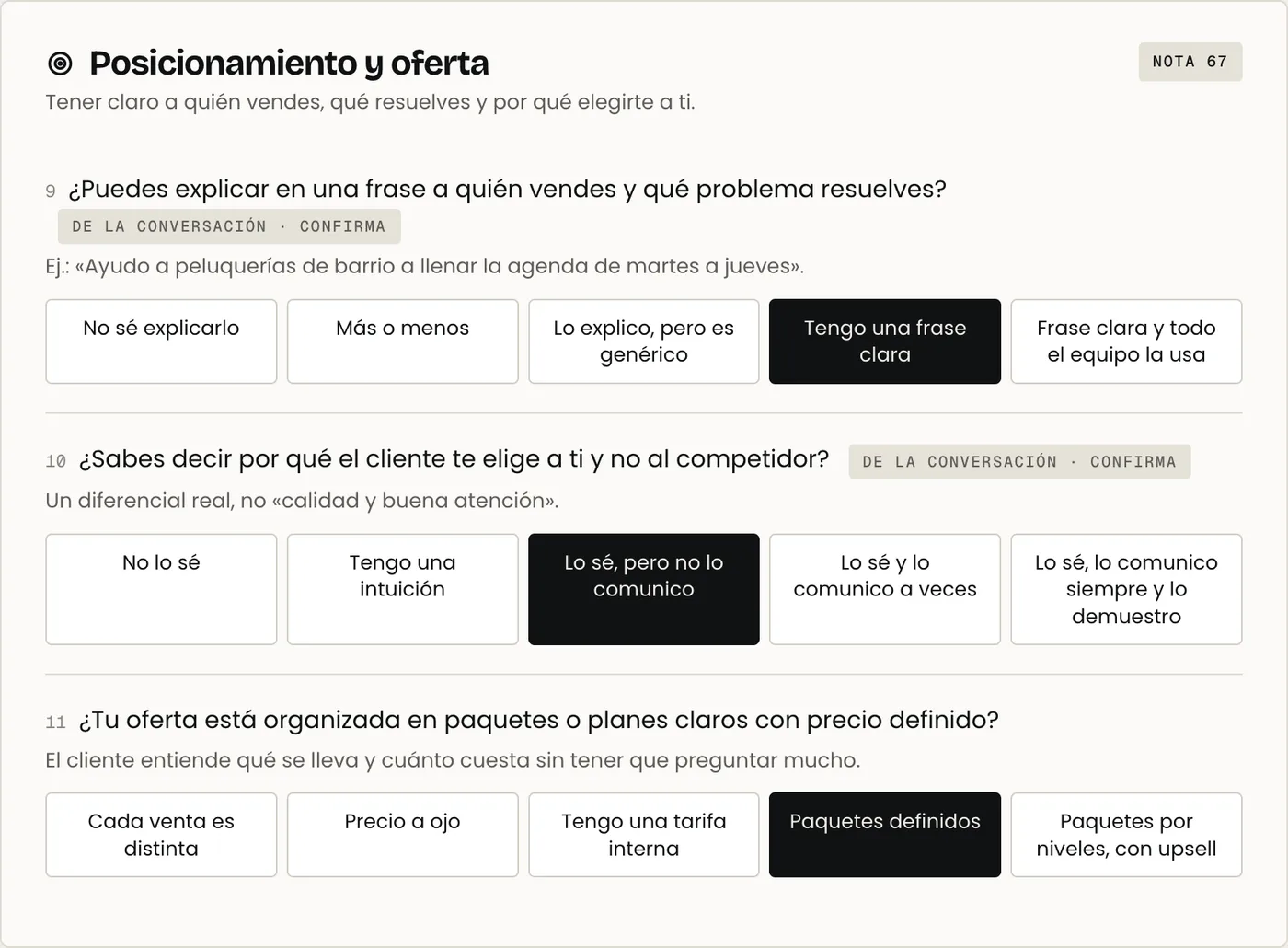 Pantalla del diagnóstico con las preguntas y la nota por pilar