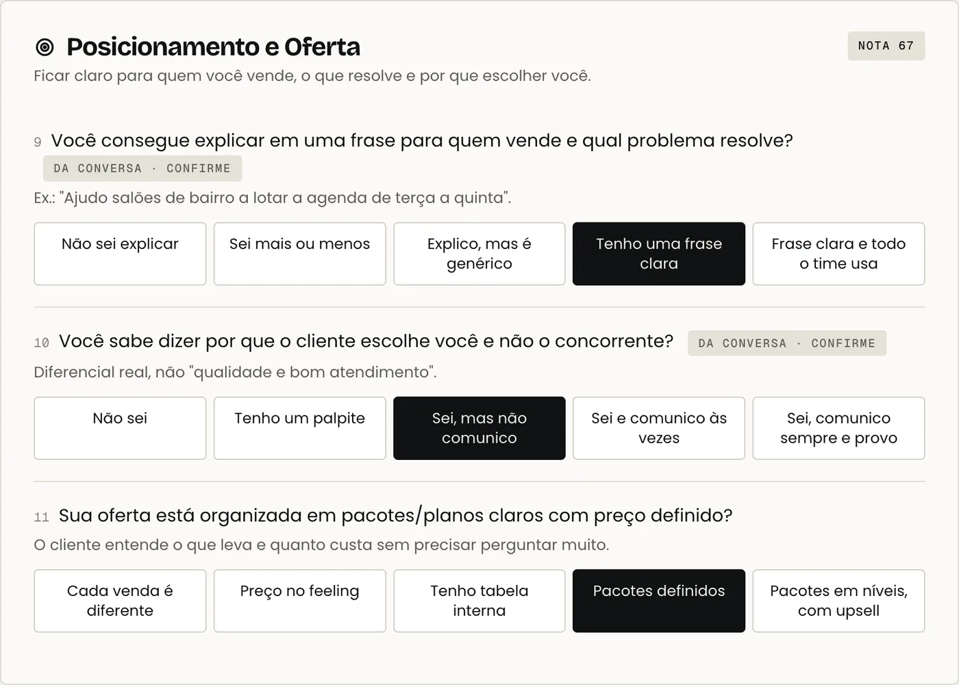 Tela do diagnóstico com as perguntas e a nota por pilar