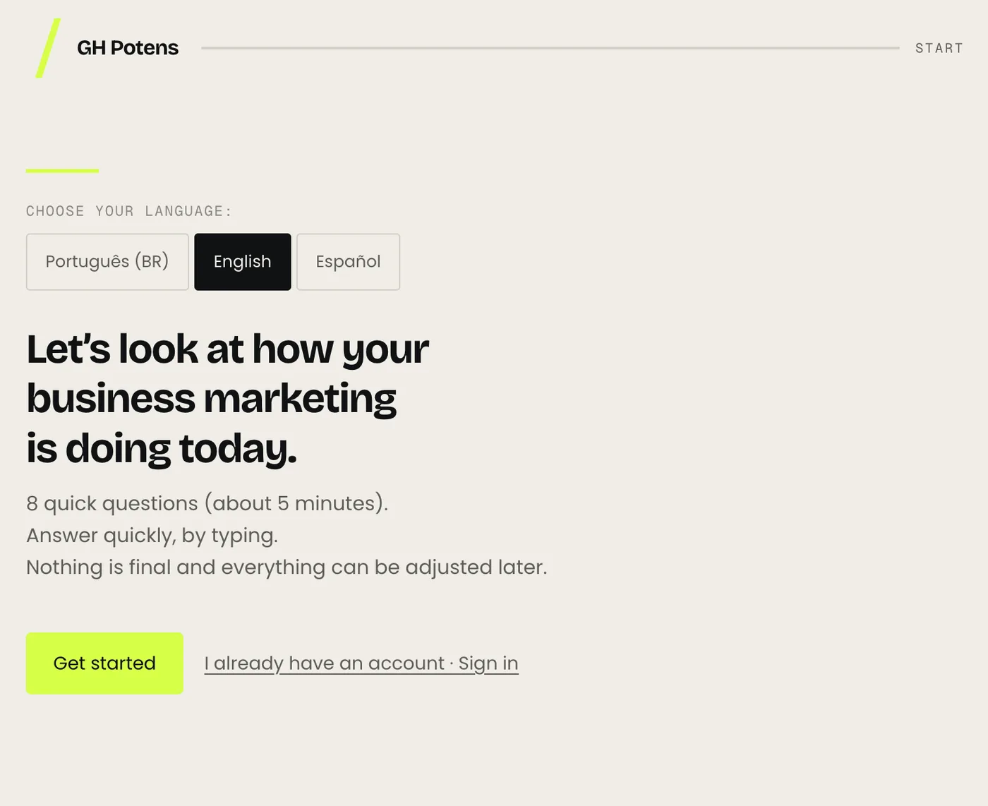 GH Potens opening screen: language choice, the line “Let’s look at how your business marketing is doing today” and the Get started button