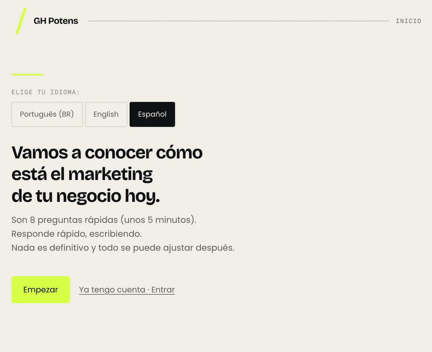 Primera pantalla de GH Potens: elección de idioma, la frase “Vamos a ver cómo está el marketing de tu negocio hoy” y el botón Empezar