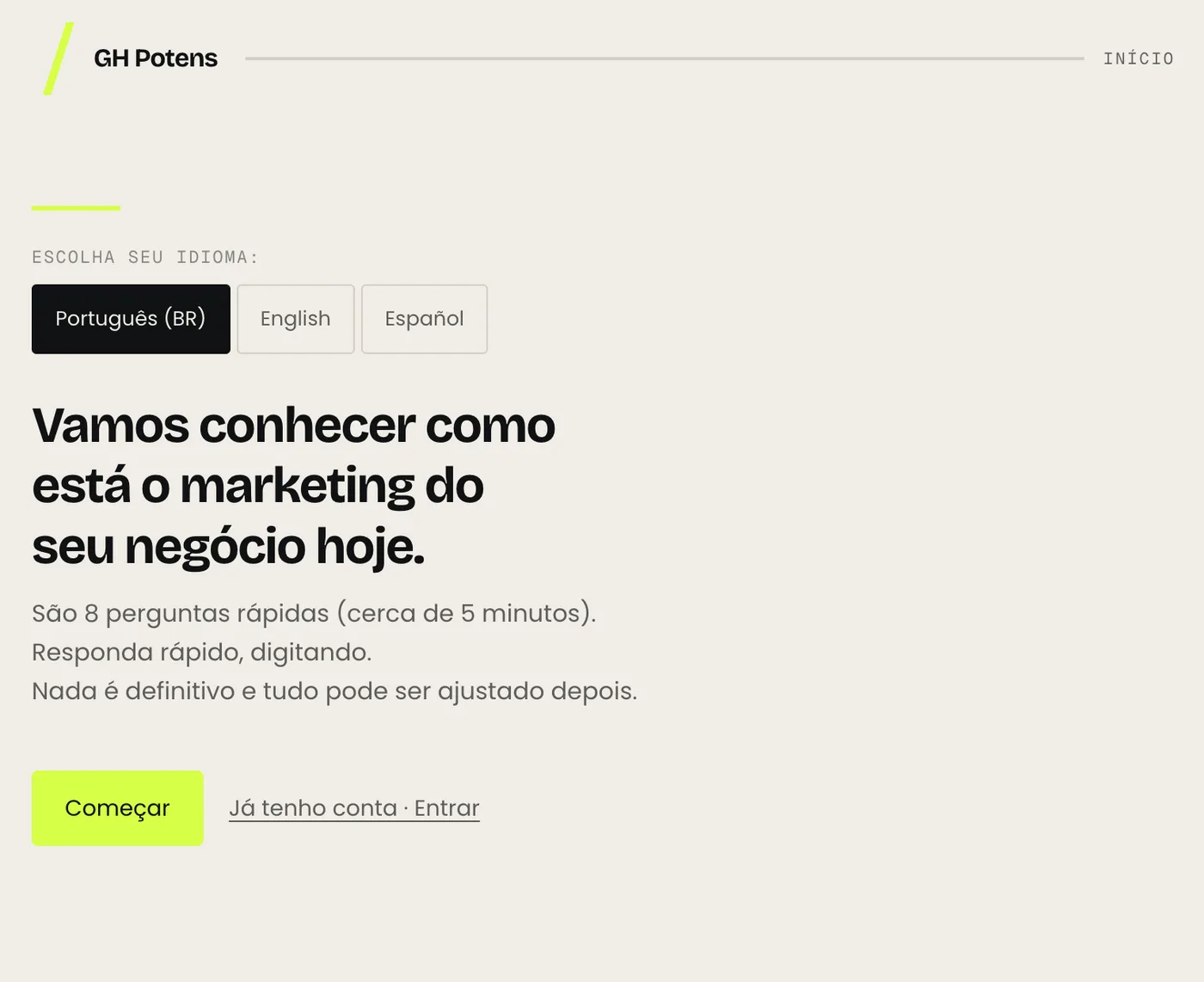 Primeira tela do GH Potens: escolha de idioma, a frase “Vamos conhecer como está o marketing do seu negócio hoje” e o botão Começar