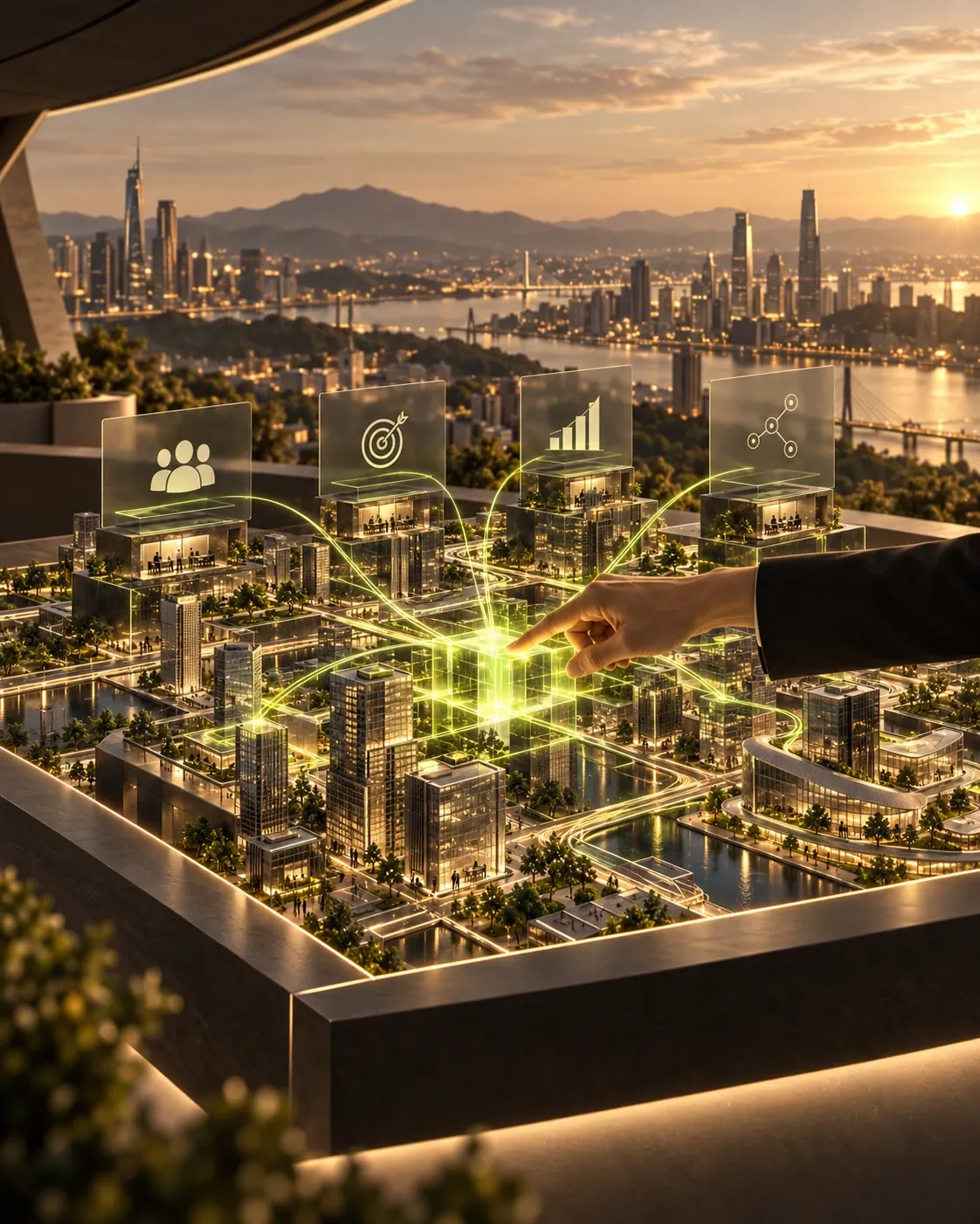 Maqueta de una ciudad vista desde una terraza al atardecer. Cuatro edificios sostienen paneles translúcidos con los símbolos de personas, marketing, ventas y operaciones; líneas de luz verde lima unen los cuatro con un bloque en el centro, que una mano toca.